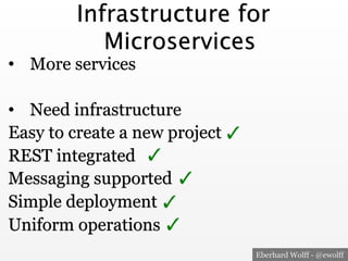 Eberhard Wolff - @ewolff
Infrastructure for
Microservices
•  More services
•  Need infrastructure
Easy to create a new project
REST integrated
Messaging supported
Simple deployment
Uniform operations
✓
✓
✓
✓
✓
 