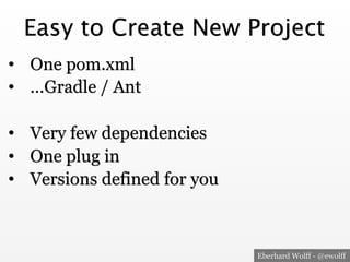 Eberhard Wolff - @ewolff
Easy to Create New Project
•  One pom.xml
•  …Gradle / Ant
•  Very few dependencies
•  One plug in
•  Versions defined for you
 