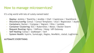 How to manage microservices?
It’s a big world with lots of cutely named tools!
• Deploy: Jenkins / TeamCity / Ansible / Chef / Capistrano / StackStorm
• Discovery/config: Consul / Consul-Templates / etcd / Registrator / skydns
• Containers: Docker / Compose / Vagrant / Otto / Lambda
• Container Clustering: ECS / Kubernetes / Mesos / Docker Swarm
• Request Routing: Nginx / HAProxy / Kong / API Gateway
• Self Healing: Consul / ZooKeeper / Serf
• System Health: hystrix, SumoLogic, Nagios, NewRelic, statsd, LogEntries
AUTOMATE EVERYTHING
 