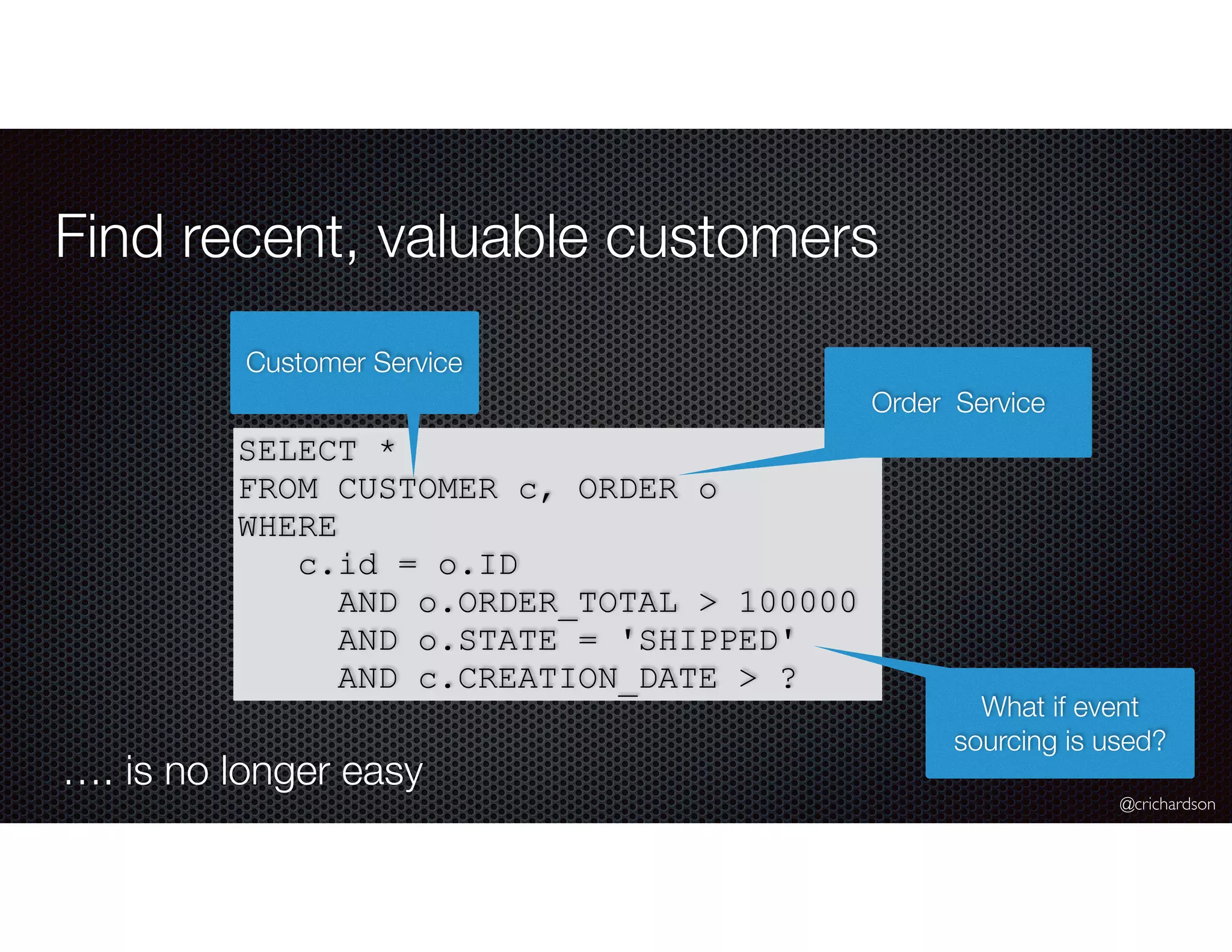 @crichardson
Find recent, valuable customers
SELECT *
FROM CUSTOMER c, ORDER o
WHERE
c.id = o.ID
AND o.ORDER_TOTAL > 100000
AND o.STATE = 'SHIPPED'
AND c.CREATION_DATE > ?
Customer Service
Order Service
What if event
sourcing is used?
…. is no longer easy
 