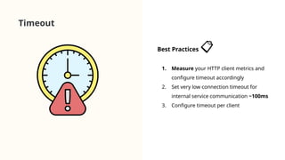 Timeout
Best Practices 📋
1. Measure your HTTP client metrics and
configure timeout accordingly
2. Set very low connection timeout for
internal service communication ~100ms
3. Configure timeout per client
 