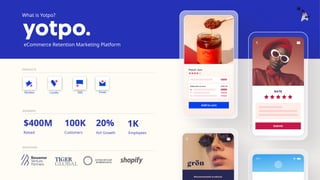 Raised
$400M
YoY Growth
20%
Customers
100K
Employees
1K
NUMBERS
INVESTORS
PRODUCTS
Reviews Loyalty SMS Email
What is Yotpo?
eCommerce Retention Marketing Platform
 