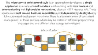 The microservice architectural style is an approach to developing a single 
application as a suite of small services, each running in its own process and 
communicating with lightweight mechanisms, often an HTTP resource API. These 
services are built around business capabilities and independently deployable by 
fully automated deployment machinery. There is a bare minimum of centralized 
management of these services, which may be written in different programming 
languages and use different data storage technologies. 
! 
Martin Fowler 
 