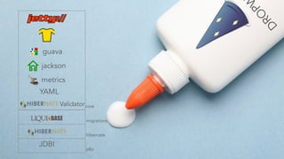 DROPWIZARD 
guava 
jackson 
metrics 
Validator 
YAML 
JDBI 
core 
migrations 
hibernate 
jdbi 
… 
 