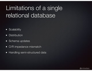 @crichardson
Limitations of a single
relational database
Scalability
Distribution
Schema updates
O/R impedance mismatch
Ha...