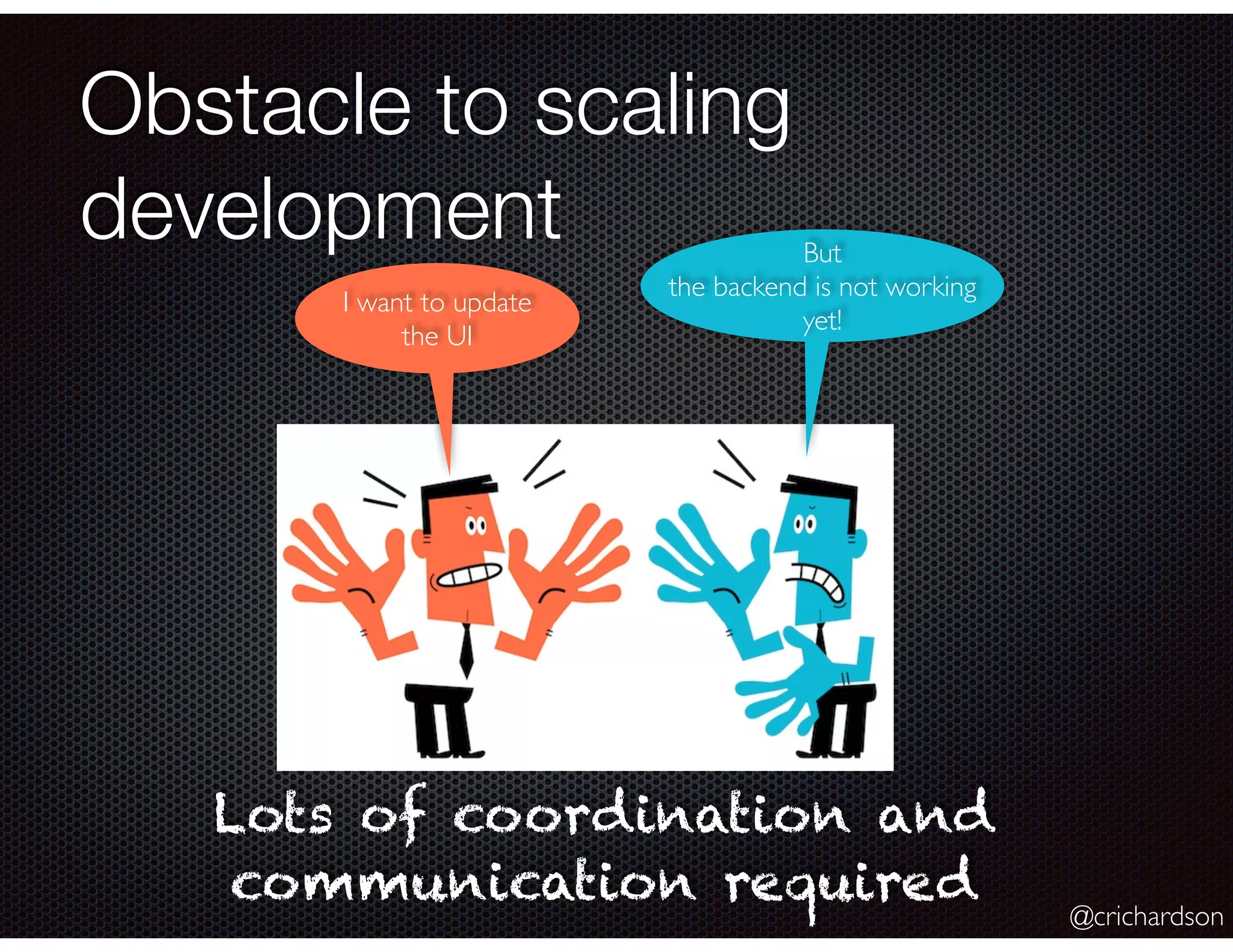 @crichardson
Lots of coordination and
communication required
Obstacle to scaling
development
I want to update
the UI
But
the backend is not working
yet!
 