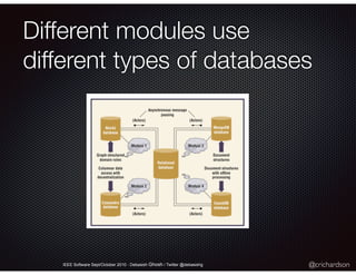 @crichardson
Different modules use
different types of databases
IEEE Software Sept/October 2010 - Debasish Ghosh / Twitter @debasishg
 