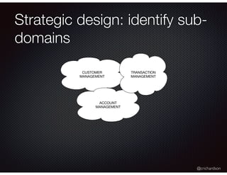 @crichardson
Strategic design: identify sub-
domains
CUSTOMER
MANAGEMENT
ACCOUNT
MANAGEMENT
TRANSACTION
MANAGEMENT
 