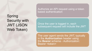Spring
Security with
JWT (JSON
Web Token)
Authorize an API request using a token
based authentication
Once the user is logged in, each
subsequent request will include the JWT
The user agent sends the JWT, typically
in the Authorization header using
the Bearer schema - Authorization:
Bearer <token>
 