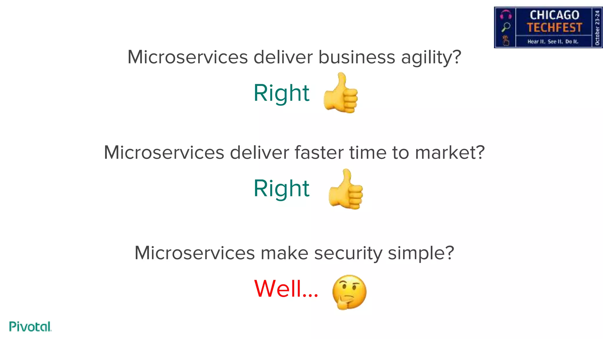 Microservices deliver business agility?
Right
Microservices deliver faster time to market?
Right
Microservices make security simple?
Well...
 