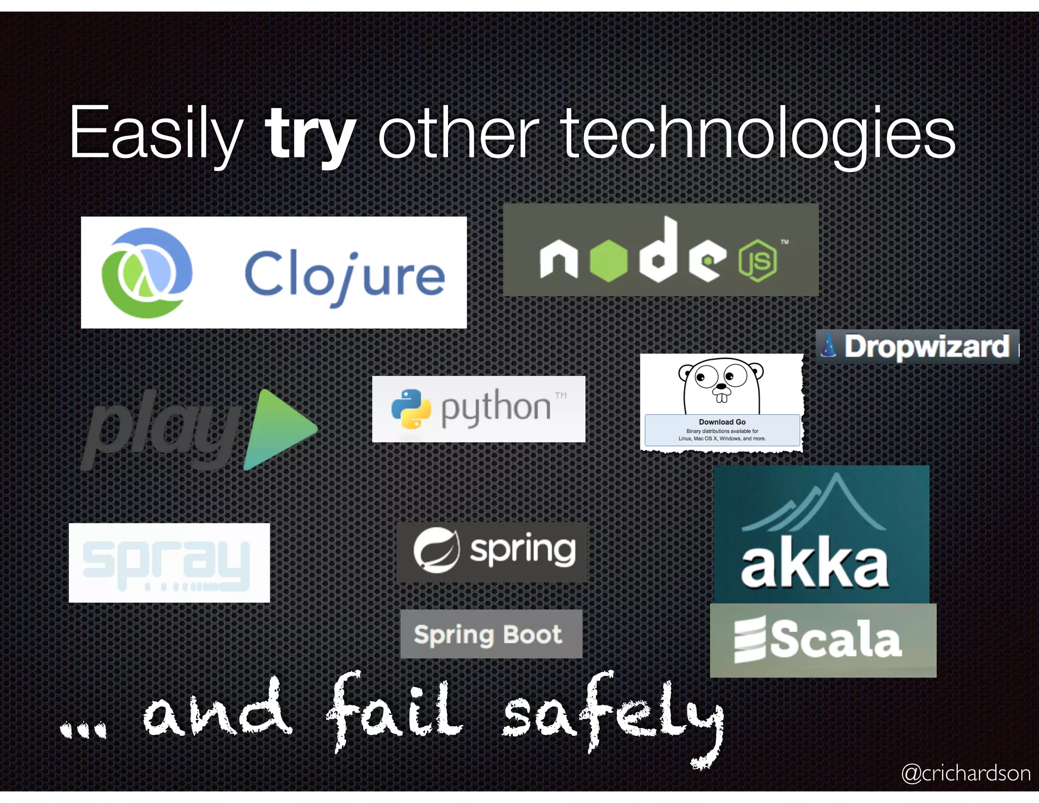 @crichardson
Easily try other technologies
... and fail safely
 