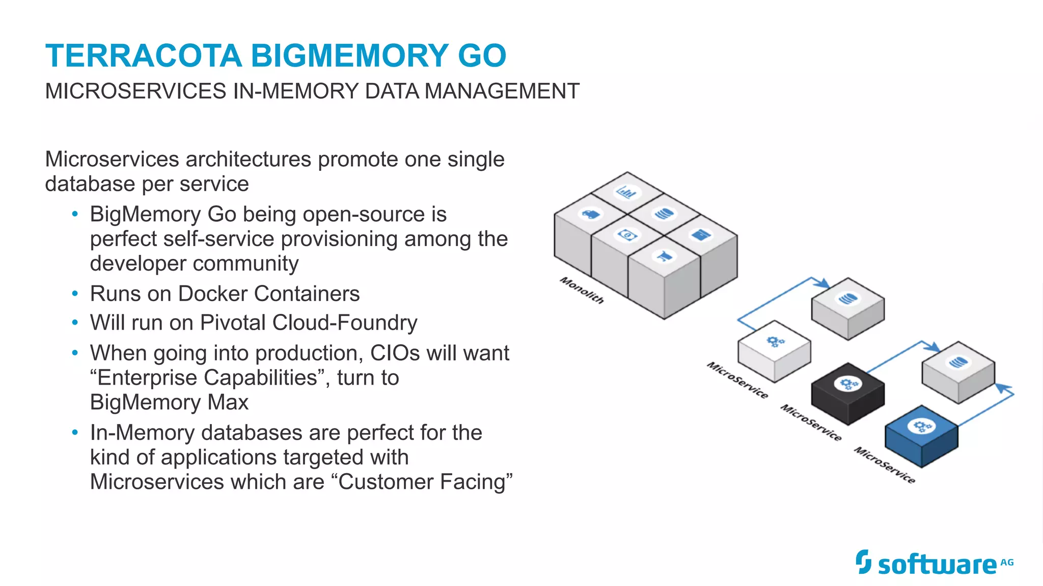 TERRACOTA BIGMEMORY GO
MICROSERVICES IN-MEMORY DATA MANAGEMENT
Microservices architectures promote one single
database per service
• BigMemory Go being open-source is
perfect self-service provisioning among the
developer community
• Runs on Docker Containers
• Will run on Pivotal Cloud-Foundry
• When going into production, CIOs will want
“Enterprise Capabilities”, turn to
BigMemory Max
• In-Memory databases are perfect for the
kind of applications targeted with
Microservices which are “Customer Facing”
 