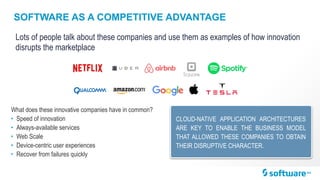 SOFTWARE AS A COMPETITIVE ADVANTAGE
Lots of people talk about these companies and use them as examples of how innovation
disrupts the marketplace
What does these innovative companies have in common?
• Speed of innovation
• Always-available services
• Web Scale
• Device-centric user experiences
• Recover from failures quickly
CLOUD-NATIVE APPLICATION ARCHITECTURES
ARE KEY TO ENABLE THE BUSINESS MODEL
THAT ALLOWED THESE COMPANIES TO OBTAIN
THEIR DISRUPTIVE CHARACTER.
 