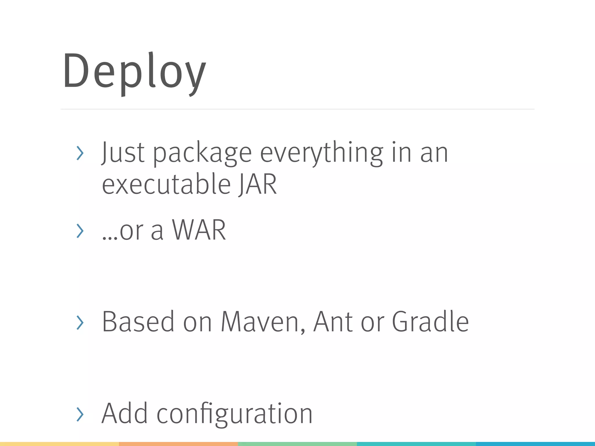 Messaging Support
> Numerous Spring Boot Starter
> AMQP (RabbitMQ)
> HornetQ (JMS)
> ActiveMQ Artemis (JMS)
 