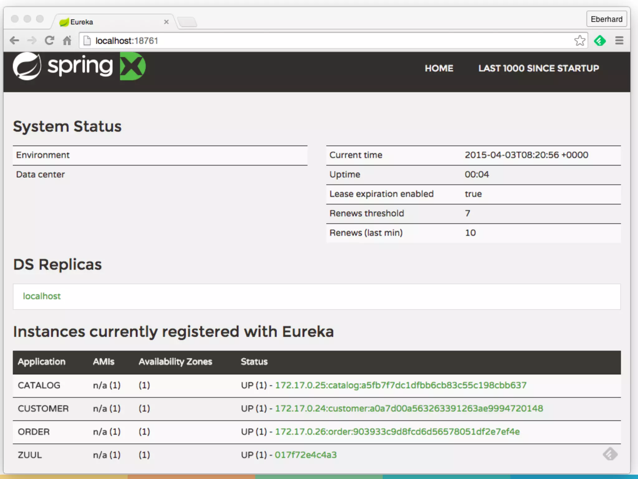 Spring Cloud
Netflix
Zuul
Routing
Ribbon
Client Side
Load Balancing
Eureka
Service Discovery
Hystrix
Resilience
 