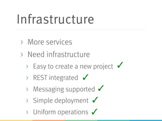 Infrastructure
> …must support lots of services
> Easy to create a new project
> REST integrated
> Messaging supported
> Simple deployment
> Uniform operations
✓
✓
✓
✓
 