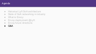 Agenda
● Historical Lyft SoA architecture
● State of SoA networking in industry
● What is Envoy
● Envoy deployment @Lyft
● Envoy future directions
● Q&A
 