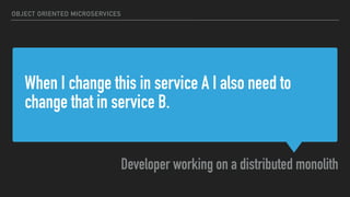 When I change this in service A I also need to
change that in service B.
Developer working on a distributed monolith
OBJECT ORIENTED MICROSERVICES
 