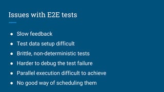 Issues with E2E tests
● Slow feedback
● Test data setup difficult
● Brittle, non-deterministic tests
● Harder to debug the test failure
● Parallel execution difficult to achieve
● No good way of scheduling them
 