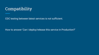 Compatibility
CDC testing between latest services is not sufficient.
How to answer ‘Can I deploy/release this service in Production?’
 