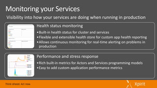 Performance	and	stress	response
•Rich	built-in	metrics	for	Actors	and	Services	programming	models
•Easy	to	add	custom	application	performance	metrics
Health	status	monitoring
•Built-in	health	status	for	cluster	and	services
•Flexible	and	extensible	health	store	for	custom	app	health	reporting
•Allows	continuous	monitoring	for	real-time	alerting	on	problems	in	
production	
 