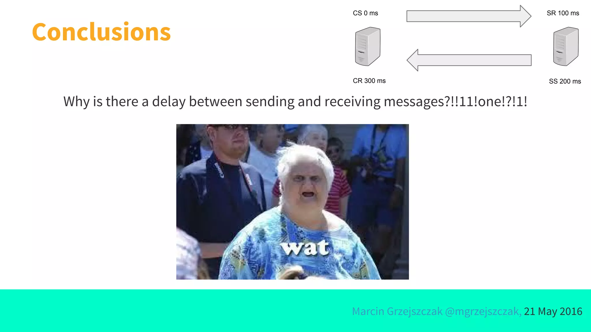 Marcin Grzejszczak @mgrzejszczak, 21 May 2016
Why is there a delay between sending and receiving messages?!!11!one!?!1!
Conclusions
CS 0 ms SR 100 ms
SS 200 msCR 300 ms
 
