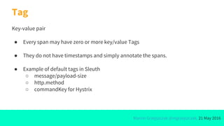 Marcin Grzejszczak @mgrzejszczak, 21 May 2016
Key-value pair
● Every span may have zero or more key/value Tags
● They do not have timestamps and simply annotate the spans.
● Example of default tags in Sleuth
○ message/payload-size
○ http.method
○ commandKey for Hystrix
Tag
 