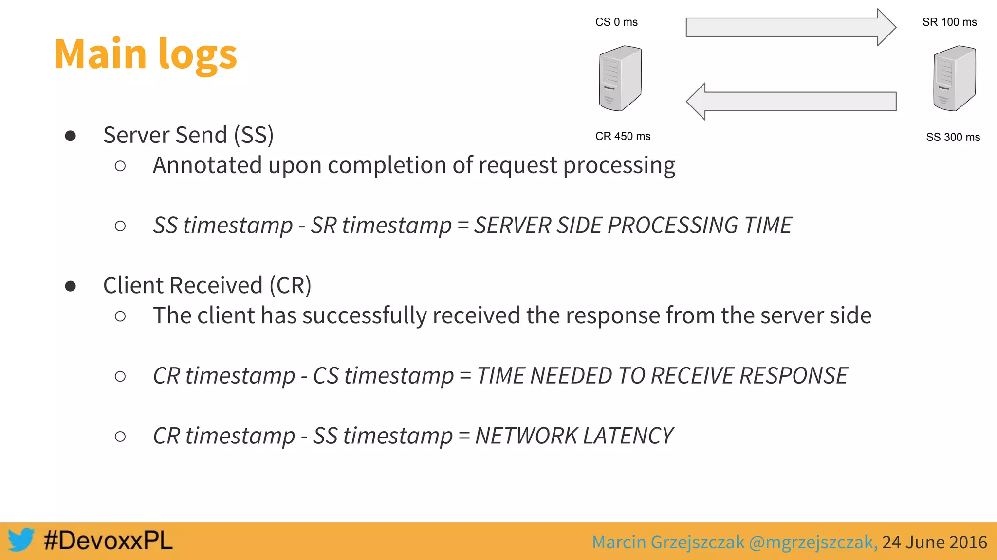 Marcin Grzejszczak @mgrzejszczak, 24 June 2016
Main logs
● Server Send (SS)
○ Annotated upon completion of request processing
○ SS timestamp - SR timestamp = SERVER SIDE PROCESSING TIME
● Client Received (CR)
○ The client has successfully received the response from the server side
○ CR timestamp - CS timestamp = TIME NEEDED TO RECEIVE RESPONSE
○ CR timestamp - SS timestamp = NETWORK LATENCY
CS 0 ms SR 100 ms
SS 300 msCR 450 ms
 