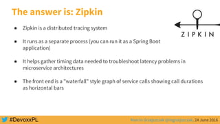 Marcin Grzejszczak @mgrzejszczak, 24 June 2016
● Zipkin is a distributed tracing system
● It runs as a separate process (you can run it as a Spring Boot
application)
● It helps gather timing data needed to troubleshoot latency problems in
microservice architectures
● The front end is a "waterfall" style graph of service calls showing call durations
as horizontal bars
The answer is: Zipkin
 