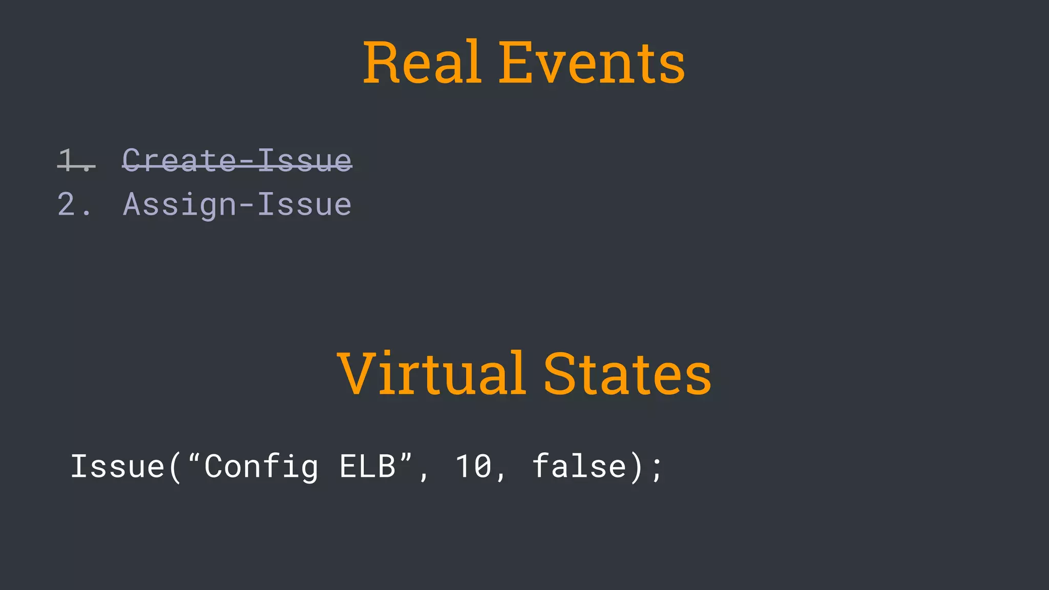 1. Create-Issue
2. Assign-Issue
Issue(“Config ELB”, 10, false);
Real Events
Virtual States
 