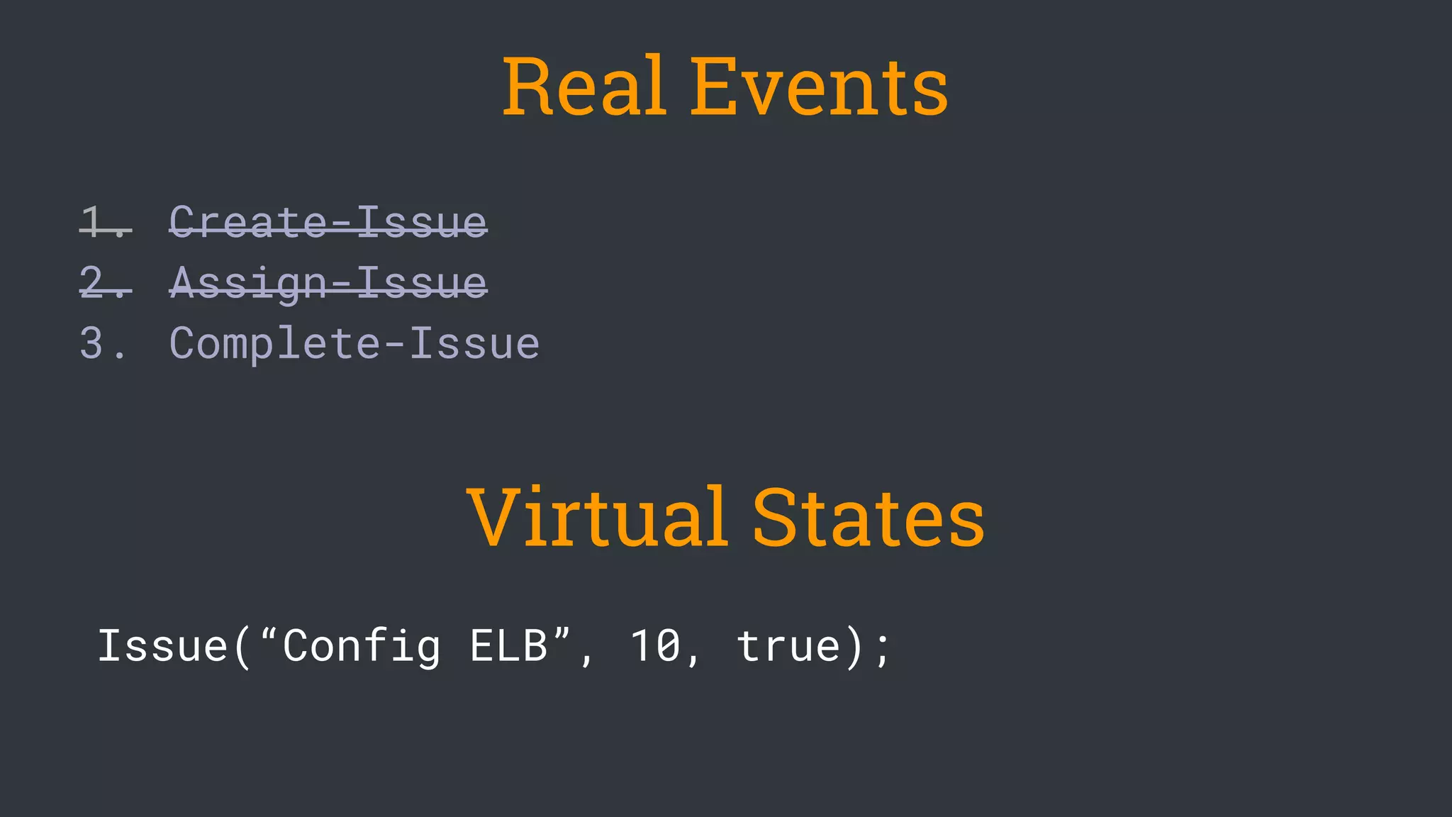 1. Create-Issue
2. Assign-Issue
3. Complete-Issue
Issue(“Config ELB”, 10, true);
Real Events
Virtual States
 