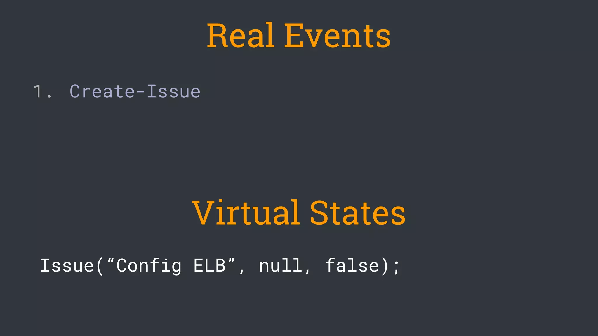 1. Create-Issue
Issue(“Config ELB”, null, false);
Real Events
Virtual States
 