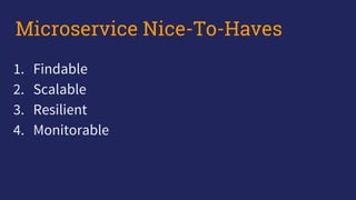 1. Findable
2. Scalable
3. Resilient
4. Monitorable
Microservice Nice-To-Haves
 