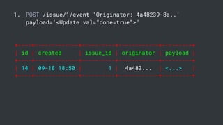 1. POST /issue/1/event ‘Originator: 4a48239-8a..’
payload=’<Update val=”done=true”>’
+----+-------------+----------+------------+---------+
| id | created | issue_id | originator | payload |
+----+-------------+----------+------------+---------+
| 14 | 09-18 18:50 | 1 | 4a482... | <...> |
+----+-------------+----------+------------+---------+
 