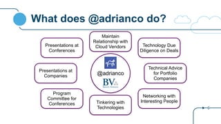 What does @adrianco do?
@adrianco
Technology Due
Diligence on Deals
Presentations at
Conferences
Presentations at
Companies
Technical Advice
for Portfolio
Companies
Program
Committee for
Conferences
Networking with
Interesting PeopleTinkering with
Technologies
Maintain
Relationship with
Cloud Vendors
 