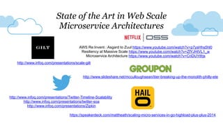http://www.infoq.com/presentations/scale-gilt
http://www.slideshare.net/mcculloughsean/itier-breaking-up-the-monolith-philly-ete
http://www.infoq.com/presentations/Twitter-Timeline-Scalability
http://www.infoq.com/presentations/twitter-soa
http://www.infoq.com/presentations/Zipkin
https://speakerdeck.com/mattheath/scaling-micro-services-in-go-highload-plus-plus-2014
State of the Art in Web Scale
Microservice Architectures
AWS Re:Invent : Asgard to Zuul https://www.youtube.com/watch?v=p7ysHhs5hl0
Resiliency at Massive Scale https://www.youtube.com/watch?v=ZfYJHtVL1_w
Microservice Architecture https://www.youtube.com/watch?v=CriDUYtfrjs
 