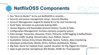 NetflixOSS Components
• See	
  “Zero	
  to	
  Docker”	
  to	
  try	
  out	
  Ne1lixOSS	
  in	
  seconds…	
  
• Security	
  and	
  access	
  management	
  setup	
  -­‐	
  Security	
  Monkey	
  
• Account	
  Management:	
  Asgard	
  to	
  deploy	
  &	
  Ice	
  for	
  cost	
  monitoring	
  
• Build	
  Tools:	
  Aminator	
  to	
  automate	
  baking	
  AMIs	
  
• Service	
  Registry	
  and	
  Searchable	
  Account	
  History:	
  Eureka	
  &	
  Edda	
  
• ConﬁguraOon	
  Management:	
  Archaius	
  dynamic	
  property	
  system	
  
• Data	
  storage:	
  Cassandra,	
  Astyanax,	
  Priam,	
  EVCache,	
  SURO	
  logging	
  to	
  KaUa/ElasOc	
  
• Dynamic	
  traﬃc	
  rouOng:	
  Denominator,	
  Zuul,	
  Ribbon,	
  Karyon	
  
• Availability:	
  Simian	
  Army	
  (Chaos	
  Monkey),	
  Hystrix,	
  Turbine,	
  Atlas	
  monitoring	
  
• Developer	
  producOvity:	
  Blitz4J,	
  GCViz,	
  Pytheas	
  dashboards,	
  RxJava	
  
• Big	
  Data:	
  Genie	
  for	
  Hadoop	
  PaaS,	
  LipsOck	
  visualizer	
  for	
  Pig,	
  Pigpen	
  for	
  Clojure	
  
• Apps	
  to	
  get	
  started:	
  SpringCloud,	
  RSS	
  Reader,	
  ACME	
  Air,	
  FluxCapacitor
 