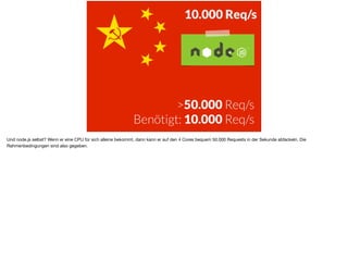 >50.000 Req/s
Benötigt: 10.000 Req/s
10.000 Req/s
Und node.js selbst? Wenn er eine CPU für sich alleine bekommt, dann kann er auf den 4 Cores bequem 50.000 Requests in der Sekunde abfackeln. Die
Rahmenbedingungen sind also gegeben.
 