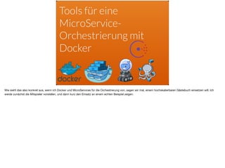 Tools für eine
MicroService-
Orchestrierung mit
Docker
Wie sieht das also konkret aus, wenn ich Docker und MicroServices für die Orchestrierung von, sagen wir mal, einem hochskalierbaren Gästebuch einsetzen will. Ich
werde zunächst die Mitspieler vorstellen, und dann kurz den Einsatz an einem echten Beispiel zeigen.
 