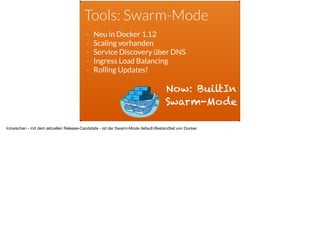 Tools: Swarm-Mode
- Neu in Docker 1.12
- Scaling vorhanden
- Service Discovery über DNS
- Ingress Load Balancing
- Rolling Updates!
Now: BuiltIn
Swarm-Mode
Inzwischen - mit dem aktuellen Release-Candidate - ist der Swarm-Mode default-Bestandteil von Docker.
 