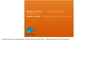 docker build -t johannhartmann/
noderedis .
docker push johannhartmann/noderedis
Als erstes müssen wir unsere Node-App zu einem Docker-Container machen - das geht ganz einfach über ein Dockerﬁle.
 