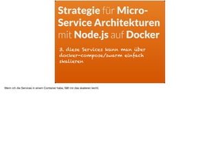 3. diese Services kann man über
docker-compose/swarm einfach
skalieren
Strategie für Micro-
Service Architekturen
mit Node.js auf Docker
Wenn ich die Services in einem Container habe, fällt mir das skalieren leicht.
 