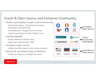 Copyright © 2018 Oracle and/or its affiliates. All rights reserved. |
Oracle & Open Source und Container-Community
• Oracle’s participation in open source community
– Active Participation – Cloud Native Compute
Foundation and Kubernetes
– No forked code – straight from the source
– Continue precedence of Java, MySQL, Linux
• Lead by example
– Oracle software on Docker Store
– Kubernetes engineering in CNCF
• Innovate in open source
– Utilities like K8S installer, smith, railcar, crashcart
• Sponsor & contribute to key conferences
– DockerCon, Kubecon, CoreOS Fest, others
fn
railcarsmith crashcart
Innovation in
Open Source
Active
Community
Participation
Un-forked
Open Source
 