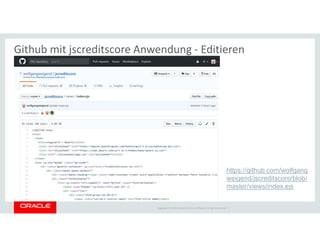 Copyright © 2018 Oracle and/or its affiliates. All rights reserved. |
Github mit jscreditscore Anwendung - Editieren
https://github.com/wolfgang
weigend/jscreditscore/blob/
master/views/index.ejs
 