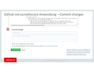 Copyright © 2018 Oracle and/or its affiliates. All rights reserved. |
Github mit jscreditscore Anwendung – Commit changes
https://github.com/wolfgang
weigend/jscreditscore/blob/
master/views/index.ejs
 