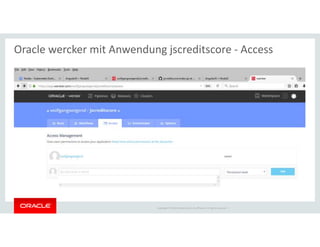 Copyright © 2018 Oracle and/or its affiliates. All rights reserved. |
Oracle wercker mit Anwendung jscreditscore - Access
 
