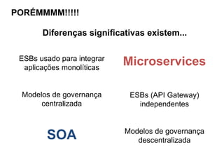 Diferenças significativas existem...
ESBs usado para integrar
aplicações monolíticas
Modelos de governança
centralizada
ESBs (API Gateway)
independentes
Modelos de governança
descentralizadaSOA
Microservices
PORÉMMMM!!!!!
 