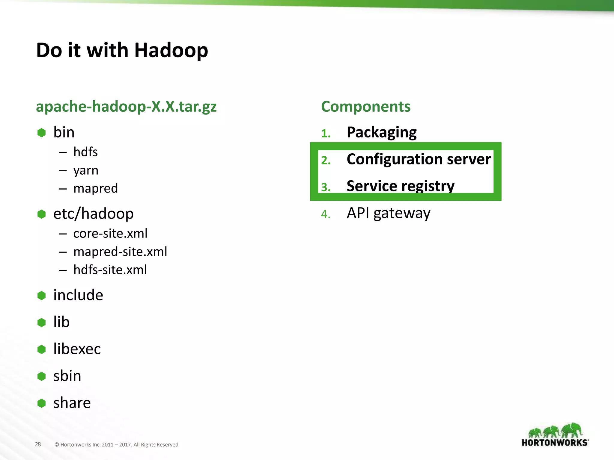 28 © Hortonworks Inc. 2011 – 2017. All Rights Reserved
 bin
– hdfs
– yarn
– mapred
 etc/hadoop
– core-site.xml
– mapred-site.xml
– hdfs-site.xml
 include
 lib
 libexec
 sbin
 share
apache-hadoop-X.X.tar.gz
1. Packaging
2. Configuration server
3. Service registry
4. API gateway
Components
Do it with Hadoop
 
