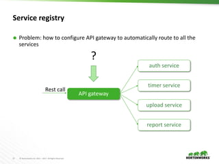 13 © Hortonworks Inc. 2011 – 2017. All Rights Reserved
Service registry
 Problem: how to configure API gateway to automatically route to all the
services
auth service
timer service
upload service
report service
API gateway
Rest call
?
 