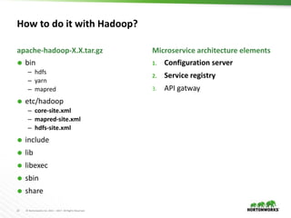 22 © Hortonworks Inc. 2011 – 2017. All Rights Reserved
 bin
– hdfs
– yarn
– mapred
 etc/hadoop
– core-site.xml
– mapred-site.xml
– hdfs-site.xml
 include
 lib
 libexec
 sbin
 share
apache-hadoop-X.X.tar.gz
1. Configuration server
2. Service registry
3. API gatway
Microservice architecture elements
How to do it with Hadoop?
 